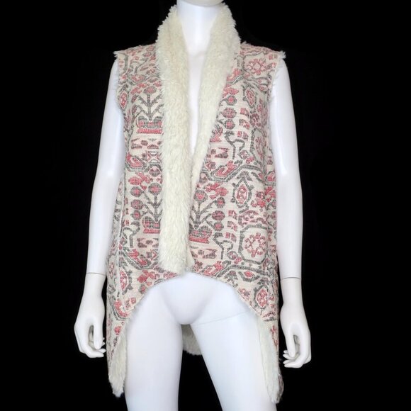 Hei Hei Anthropologie Geometric Jacquard Boho Sherpa Faux Fur Vest Women's Small - Picture 1 of 5